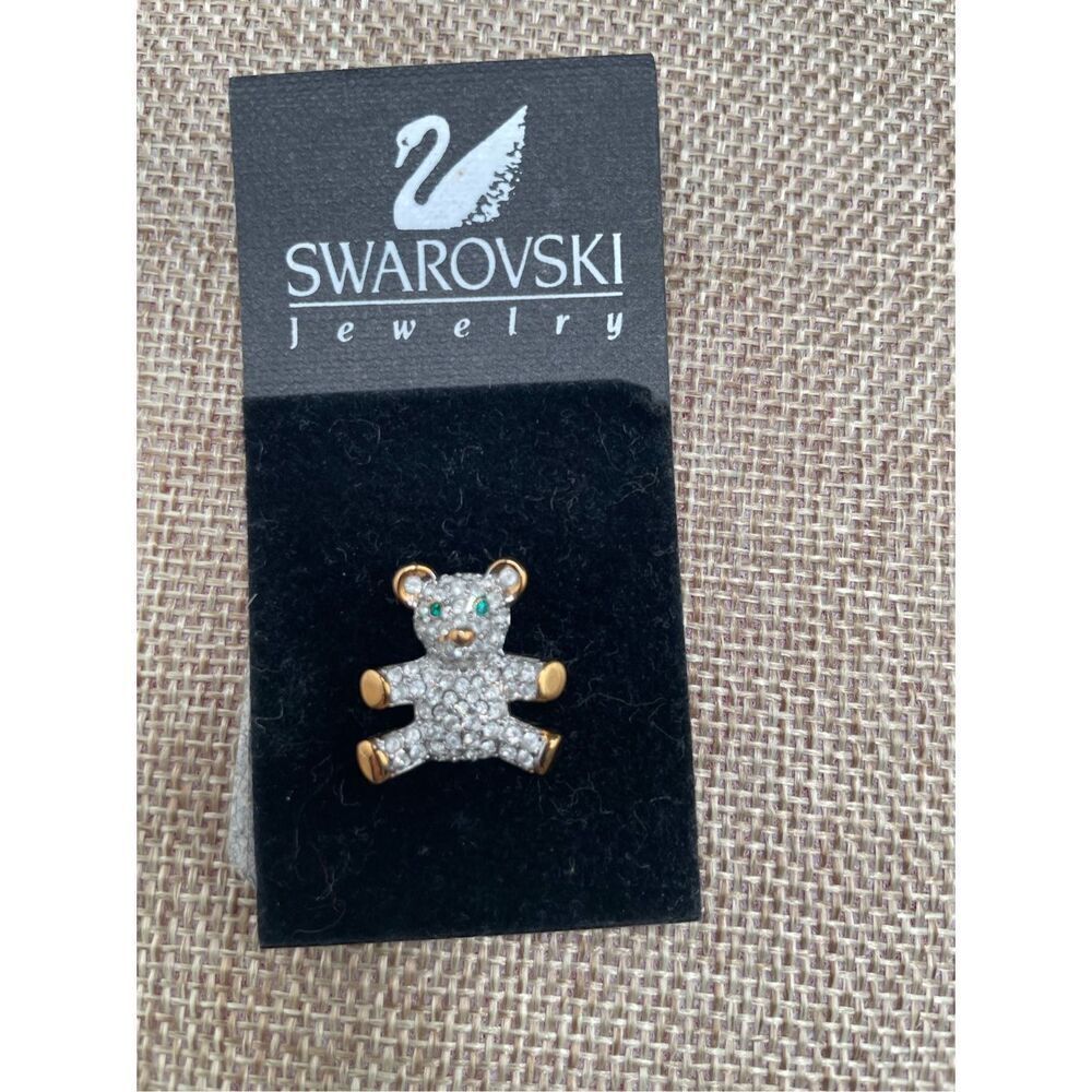 Swarovski Teddy Bear Pin Crystal Green Clear Gold Color Rhinestone